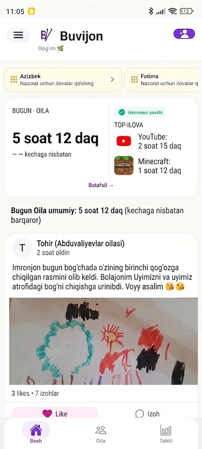 Buvijon ilovasining bosh ekrani β oila ekran vaqti va oila lentasi